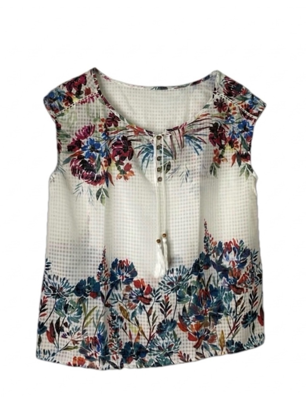 VINTAGE AMERICA Semi-Sheer Tassel Tie Sleeveless Top, Women’s S,White Multicolor